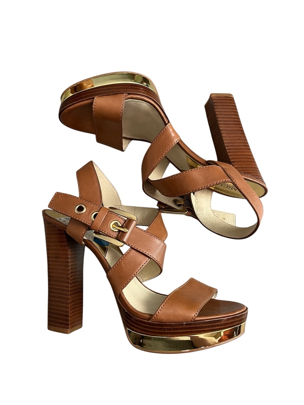 Michael Kors Calder Platform Brown Leather Sandals Gold Heels Buckle Size 10